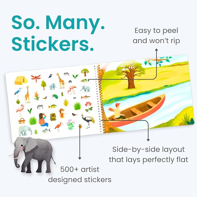 Safari Animals 500+ Kids Sticker Book by Cupkin Toddler Airplane Travel Activity Coloring and Sticker Book, Road Trip Essentials, 12 Coloring Pages 12 Scenes for Ages 2–8 Years
