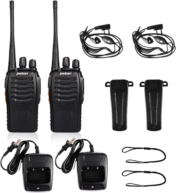 pxton Walkie Talkies Rechargeable Long Range Two-Way Radios with Earpieces,2-Way Radios UHF Handheld Transceiver Walky Talky with Flashlight Li-ion Battery and Charger（2 Pack）