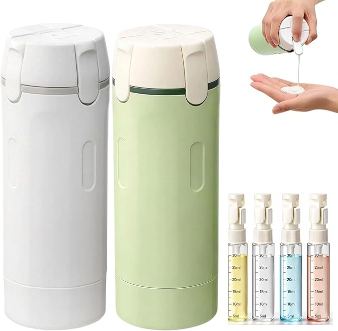 4 in 1 Travel Dispenser Bottle,Leak Proof Refillable Bottles Store Shampoo, Lotion and More,Transparent with Scale, Easy Squeeze Use, Lightweight & Portable Perfect for Travel,Gym,Camping (MIX-2Pcs)