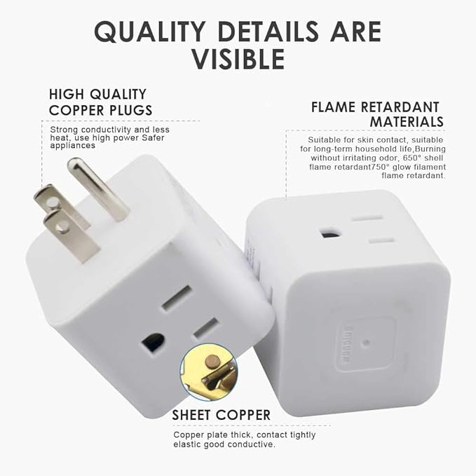 Multi Plug Outlet Extender, Vsanstar 3 Prong Wall Tap 4 Way AC Electrical Outlets Power Strip, Power Plug Splitter Grounded to USA Adapter for Home Office, Kitchen (USA Plug Outlet)