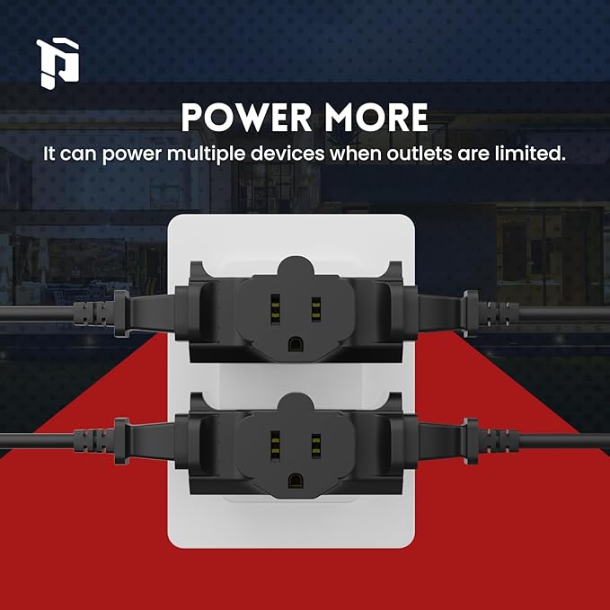PLUGTUL 3 Way Plug Adapter, 3 Plug Wall Adapter, 3 Prong, Grounded, 15A, 1875W, Multiple Plug Expander for Home, Outdoor, ETL Listed, Black, 3PACK