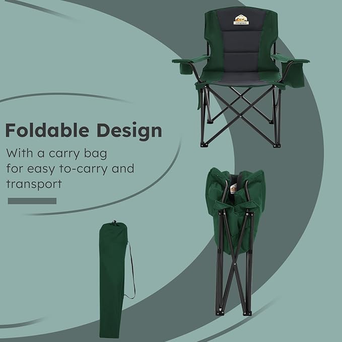Colegence Oversized Folding Camping Chairs - 450 LBS Support Heavy Duty Camp Chair with Padded Cushion, Portable Outside Chairs with Carry Bag，Cooler, Cup Holder for Outdoor, Lawn, Sports - Green