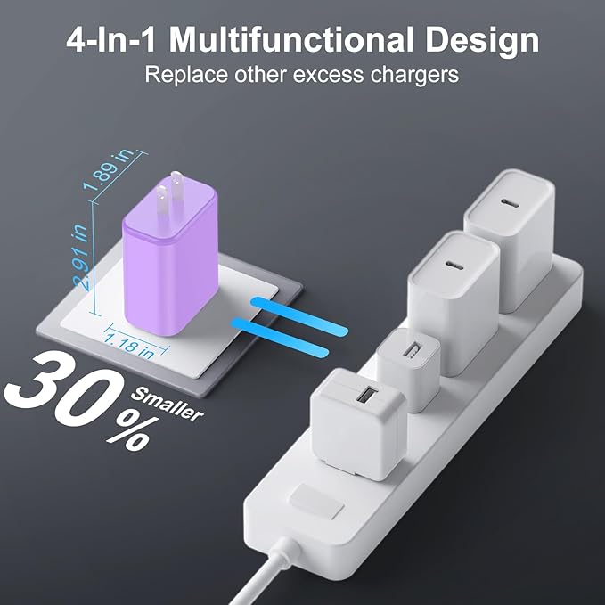 USB C Charger Block, 3-Pack 40W Wall Plug Fast Charging Block, 4-Port PD + QC Power Adapter Type C Charging Blocks Cube, Compatible with iPhone 17/16/15/14/13/12/11/Pro Max, Tablets （Purple）