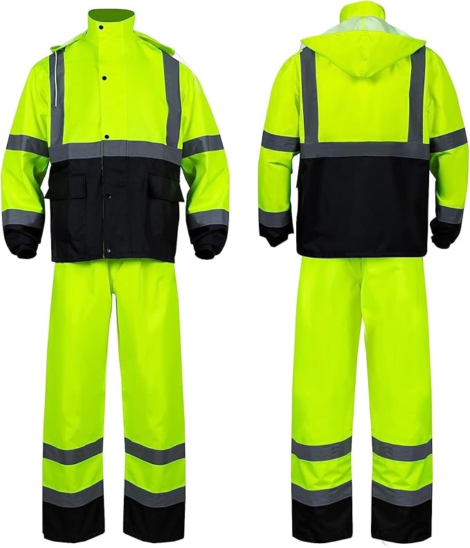 VENDACE Class 3 High Visibility Rain Suits,Rain Gear for Men Yellow/Lime Reflective Hi Vis Safety Rain Work Jacket,Pants