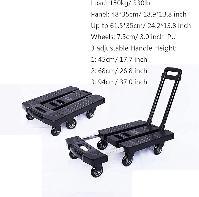 Heavy Duty Folding Hand Truck - 330 Lbs Capacity 6-Wheel Flatbed Trolley with Extendable, Portable Utility Cart for Home, Office, Travel & Shopping Black 3inch-Mute