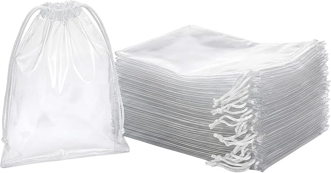 Clear LDPE Drawstring Bags (25 Pack) (13.75" x 17.5") 2 Mil Disposable Transparent Plastic with Double Cotton White Strings. Shoe Bags for Travel Large Storage Organizers Pouch (25)