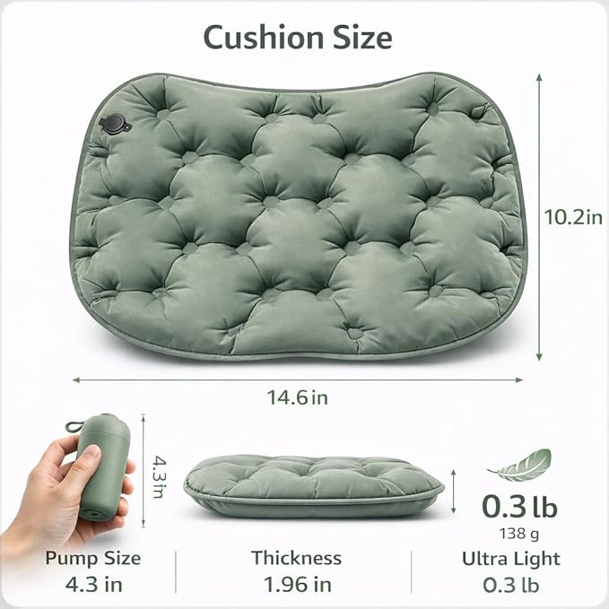 Portable Inflatable Seat Cushion w/Press Pump, No Mouth-Blow Air Pad for Flights, Waterproof Lightweight Chair Cushion for Stadium, Camping, Picnic, Fishing, Beach, Grass & Muddy Ground (Green)