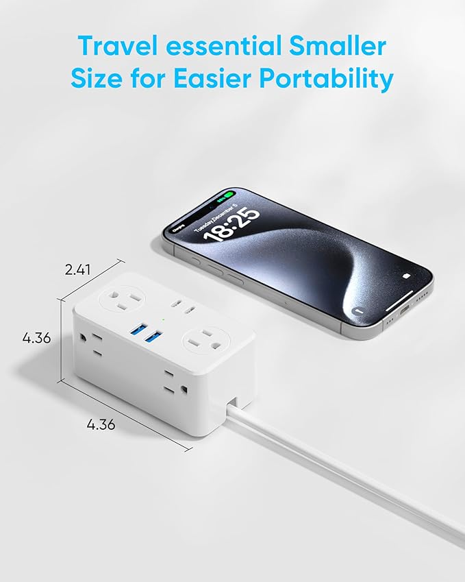 Kakyanill European Travel Plug Adapter, Type E F Plug Adapter, 6 AC Outlets, 4 USB Ports (2 USB C), 3ft Wrapped Around Extension Cord, for Germany France Travel