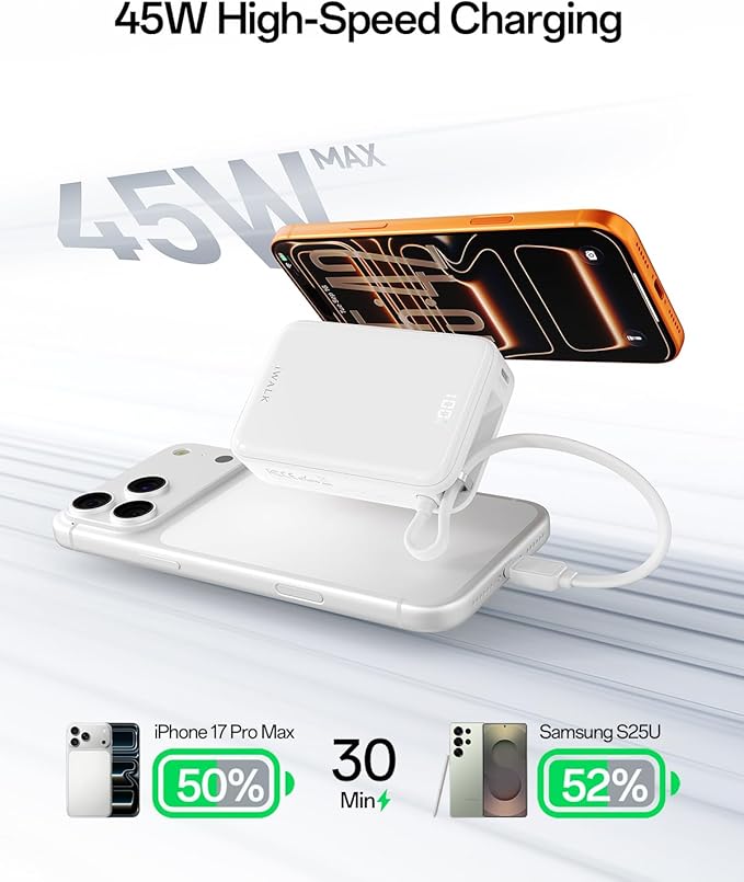 iWALK Portable Charger, 10000mAh 45W PD Power Bank, USB C in&Out Fast Charging Battery Pack with Phone Stand, Travel Essential Powerbank for iPhone 17 16 15 14 13 12 Samsung S25 MacBook etc,White