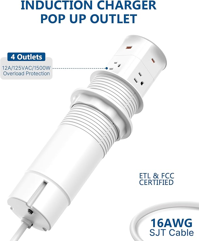 Pop up Outlet for Countertop with PD 20W USB C Fast Charging,3.15" Desk Grommet Power Station,4 Outlets,4 USB,Kitchen Island Pop Up Electrical Outlet, Office Power Supply
