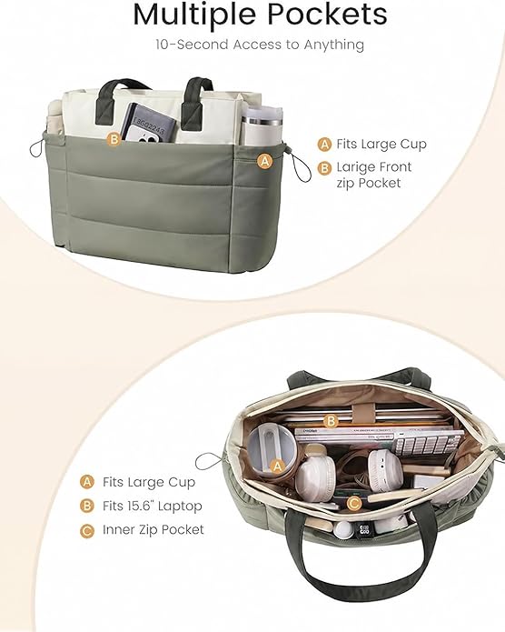 LOVEVOOK Tote Bag for Women with Giant Tumbler Holder Pocket, Puffer Work Travel Laptop Handbag with Zipper for Nurse Teacher