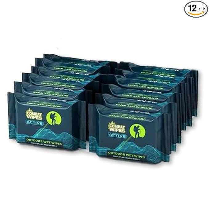 Combat Wipes ACTIVE Outdoor Wet Wipes - Extra Thick Camping Gear, Biodegradable, Body & Hand Cleansing/Refreshing Cloths for Backpacking & Gym w/Natural Aloe & Vitamin E (12 Pack, 300 Wipes)…
