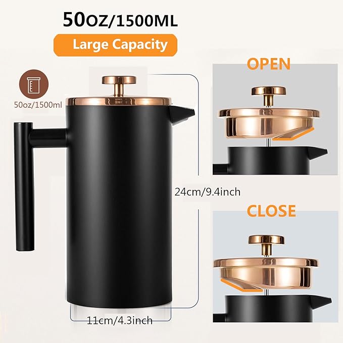 1500ml French Press Coffee Maker, Double Wall 304 Stainless Steel Insulated Cafetiere Coffee Press with 3 Layer Filter, Large Capacity Coffee Brewer for Home Camping Office