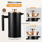 1500ml French Press Coffee Maker, Double Wall 304 Stainless Steel Insulated Cafetiere Coffee Press with 3 Layer Filter, Large Capacity Coffee Brewer for Home Camping Office