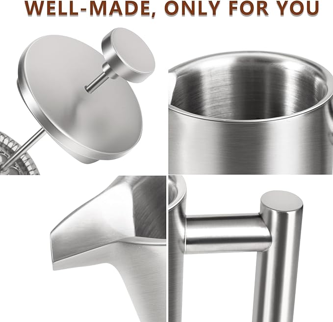 SZHETEFU French Press 34 OZ, Durable Stainless Steel French Press Coffee Maker, Double-Wall Insulated Coffee Presses for Travel Camping Tea, Easy to Use, Dishwasher Safe (Silver Matte)