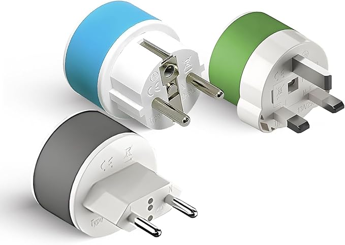 OREI Full European Travel Adapter Set - Dual Input American to Europe, Germany, England, Spain, Italy, Iceland, France, (Type G, E/F, Type C) - 3 Pack, Safe Grounded Use for Cell Phones, Laptops