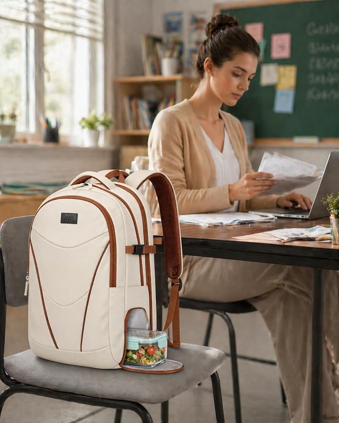 MATEIN HER Teacher Backpack with Lunch Compartment for Women, Water Resistant Work Laptop Backpack for Office Commute with Water Bottle Holder & RFID Pocket, Lunchbox Bag Fits 17.3'' Computer, Beige