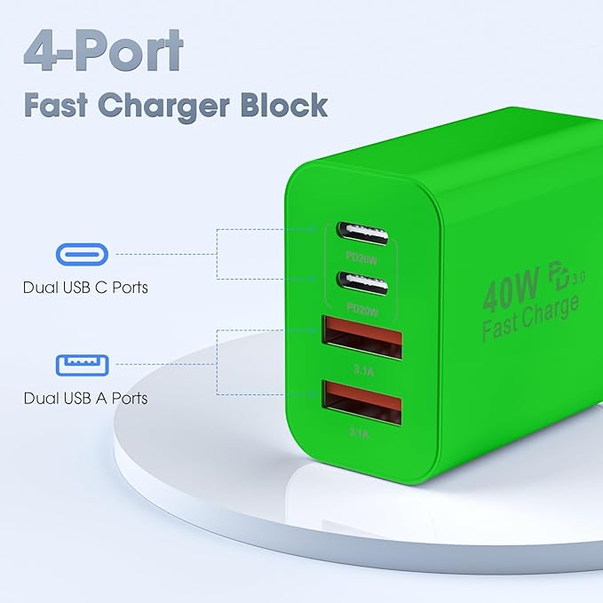 USB C Charger Block, 2 Pack 40W 4-Port iPhone Charger Fast Charging Multiport PD 3.0 & QC 4.0 Double Quick Charge, Compatible with iPhone 17/16/15/14/13/12/11，Pro Max，iPad, Samsung (2, Dark Green)