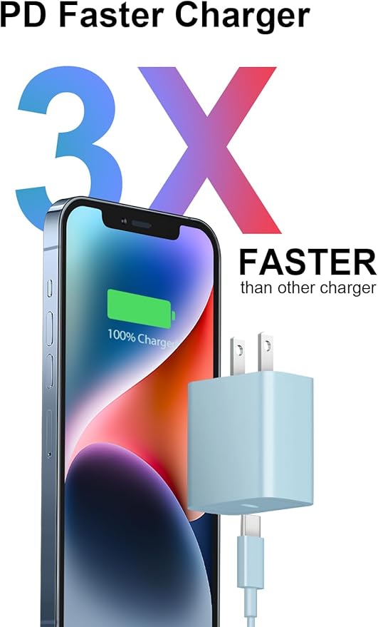 iPhone 14 13 12 Fast Charger 20W PD USB C Wall Charger with 6FT Fast Charging Cable for iPhone 14/14 Pro/14 Pro Max/14 Plus/13/12/11/Pro/Pro Max/Mini/Xs Max/X, iPad - Blue