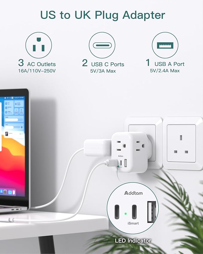 US to UK Plug Adapter 3 Pack, Addtam Type G Travel Plug with 3 Outlets 3 USB Ports(2 USB C), UK Power Adaptor for USA to England London British Ireland Scotland Dubai Hong Kong Kenya