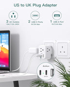 US to UK Plug Adapter 3 Pack, Addtam Type G Travel Plug with 3 Outlets 3 USB Ports(2 USB C), UK Power Adaptor for USA to England London British Ireland Scotland Dubai Hong Kong Kenya