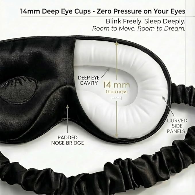 MATASSE 100% Mulberry Silk Sleep Mask 22 Momme Grade 6A - 3D Contoured Eye Mask for Sleeping, 14mm Deep Eye Cups, Total Blackout Blindfold for Women Men, Adjustable Strap, Side Sleeper (Black)