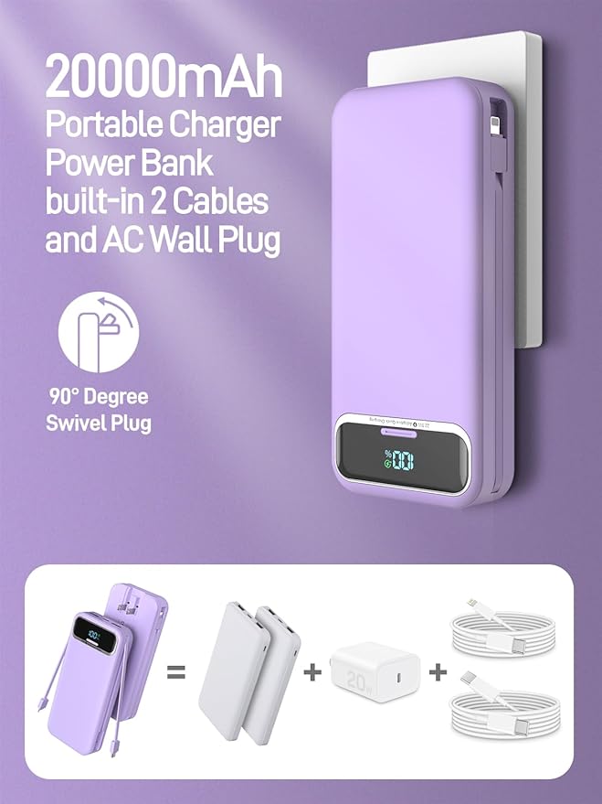 Portable Charger, 20000mAh 22.5W Fast Charging Power Bank with Built-in Cables & Wall Plug, Travel Essential External Battery Pack with LED Display, USB C Battery Phone Charger for iPhone iPad Purple