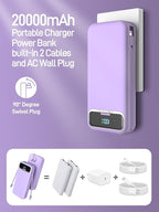 Portable Charger, 20000mAh 22.5W Fast Charging Power Bank with Built-in Cables & Wall Plug, Travel Essential External Battery Pack with LED Display, USB C Battery Phone Charger for iPhone iPad Purple