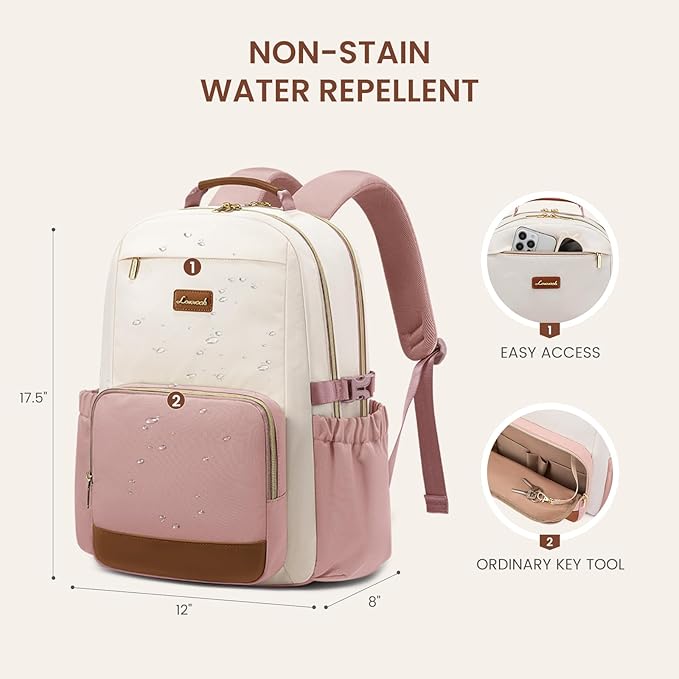 LOVEVOOK Laptop Backpack for Women with Pouch Pocket for Large Capacity Cup,15.6 Inch Teacher Nurse College Work Backpack Purse,Waterproof Laptop Bag Computer Back Pack for Travel, Beige-Pink-Brown