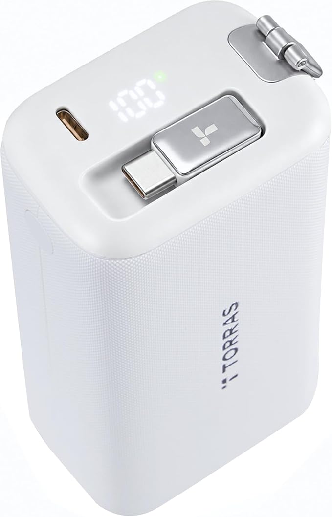 TORRAS FlexLine PowerGo 3-in-1 Portable Charger, 10000mAh Power Bank, 45W Fast Charging with 3.3 ft Built-in Retractable USB-C Cable & Foldable Wall Plug for iPhone 17/16/15, iPad