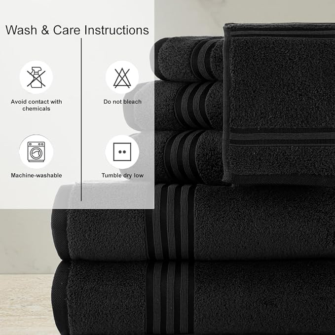 CASA COPENHAGEN Zero Twist 6Pcs 100% Egyptian Cotton Large Designer Towels Gift Set- Jet Black, 600 GSM, 2Bath 2Hand 2Washcloths, Bath Towels for Bathroom Set for Women & Men