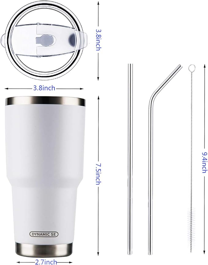 D·S 30oz White Tumbler Stainless Steel Double Wall Vacuum Insulated Mug with Straw and Lid, Cleaning Brush for Cold and Hot Beverages (30oz White)