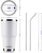 D·S 30oz White Tumbler Stainless Steel Double Wall Vacuum Insulated Mug with Straw and Lid, Cleaning Brush for Cold and Hot Beverages (30oz White)