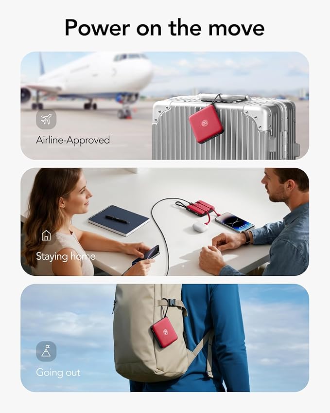 VRURC 10000mAh Portable Charger for iPhone with Built-in Cables, 22.5W Fast Charging Power Bank with LED Display, Slim USB C Battery Pack for iPhone 17, Samsung S25, Travel Essentials (Red)