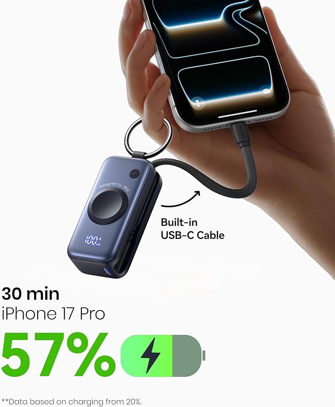 INIU 3-in-1 Portable Charger, 5000mAh Power Bank with Watch Charger & Built-in Cable, Compact 20W Fast Charging Battery Pack, Key Chain & Travel Essential for iPhone 16 15, Apple Watch, etc