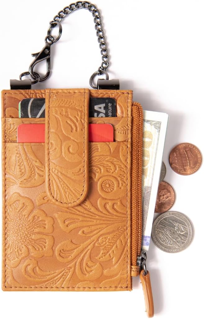 Sidekick RFID Blocking Boot Wallet with Security Chain & Zipper Lock Genuine Leather Wallets for Men and Women, Travel Wallet, Minimalist Leather Card Holder, Antique Saddle