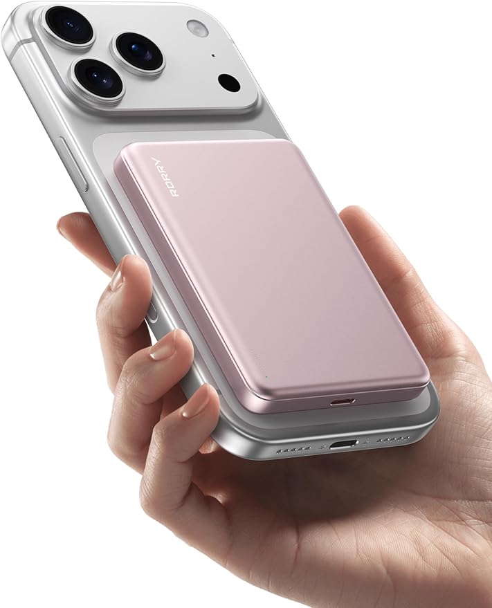 RORRY for Magsafe Portable Charger, 10000mAh Ultra Slim Magnetic Power Bank, 22.5W Fast Charging Wireless Portable Charger, USB C Battery Pack for iPhone 17/16/15/14/13/12 Plus Pro Max, Pink