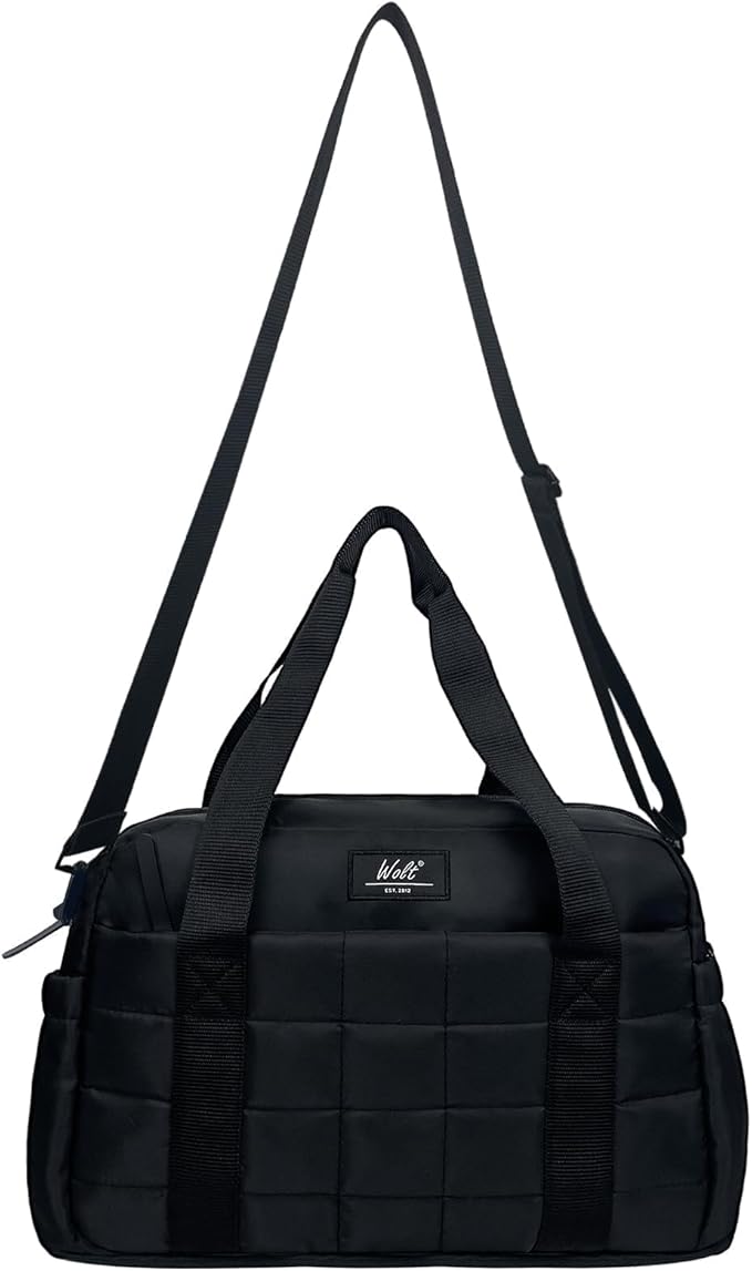WOLT Small Gym Bag for Women, 14 inch Lightweight Gym Duffle Bag with Wet Compartment Quilted Tote for Sports Workout, Black