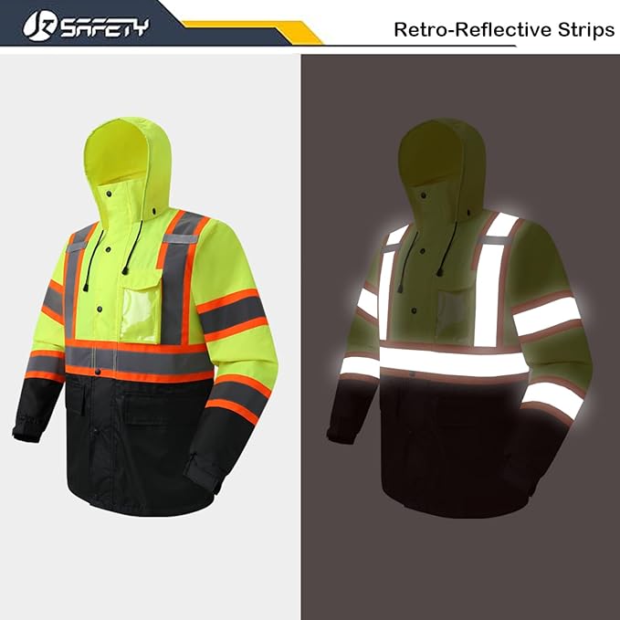 JKSafety Hi-Vis Reflective Safety Rain Jacket for Men Women Waterproof Rain Gears for Farming Fishing Work HV Rain Jacket with Inner Mesh Lining and Pockets (117A-YBlk L)