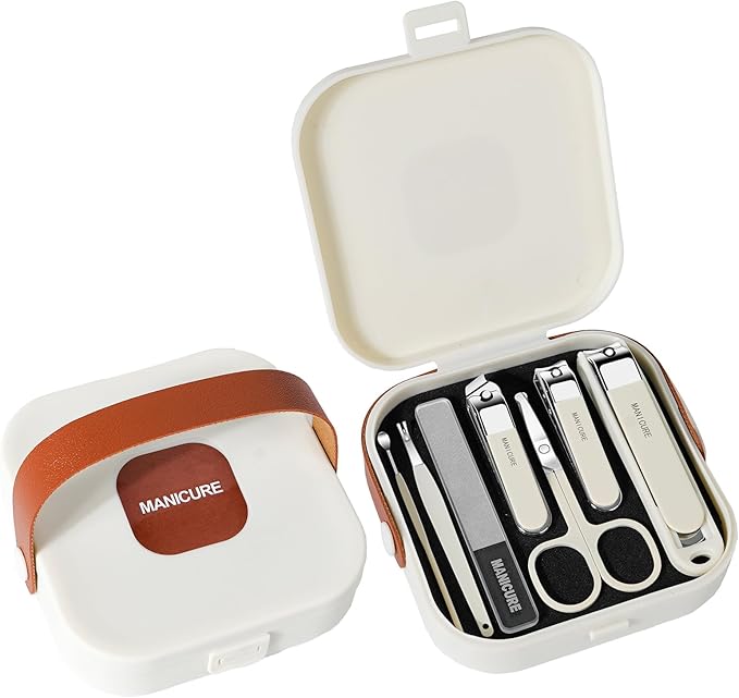 Nail Clipper Set for Men and Women, 7 Pcs Toenail Clippers, Stainless Steel Fingernail Clipper, and Travel Case Manicure Set, Gift Ideas (Beige)