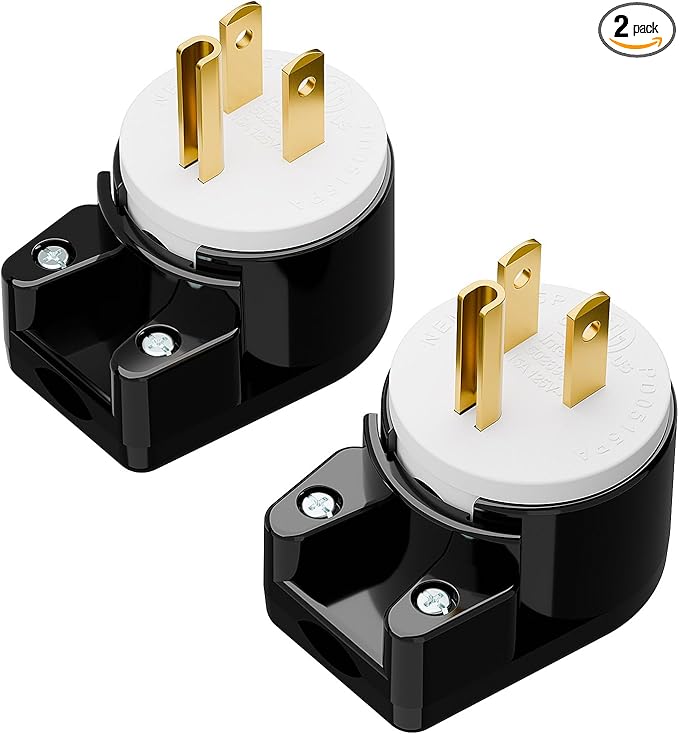 (2Pack) Nema 5-15P Plug, Plugrand 15A 125V Right Angle AC Plug, Nema 5-15P DIY 90 Degree Plugs, 3-Prong Rewirable Plugs, 3 Prong Household Right Angle AC Connector, ETL Verified