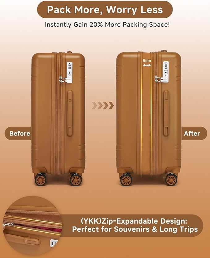 Somago Expandable Carry On luggage with Shock-Absorbing Braking Spinner Wheels Moon Star Design Hard Shell Suitcase with Cupholder TSA Lock (Toffee Brown,Expandable 20 Inch)