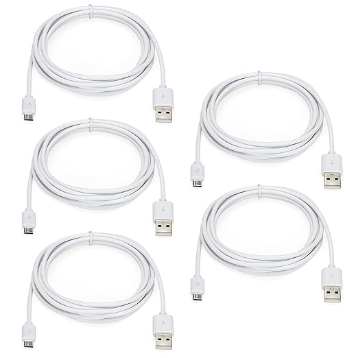 Micro USB Cables 5-Pack 6ft for Samsung Galaxy S7/S6/J7/J3/J8/A01, Android, HTC, Huawei - USB 2.0 A Male to Micro B Charger Cord, Fast Charging and Data Sync Cable