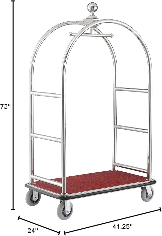 Global Industrial Silver Stainless Steel Bellman Cart Curved Uprights 6" Rubber Casters, 41-1/4"L x 24" W x 73" H, Hotel Luggage Cart for Commercial Use, Condos, Resorts