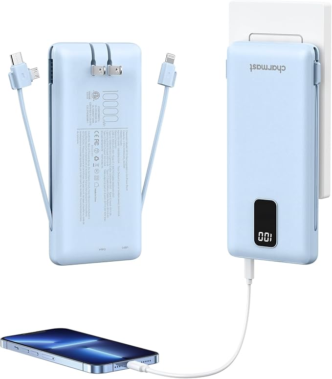 charmast Portable Charger with Built-in Cables and Wall Plug, 10000mAh USB C Portable Power Bank, Potable Phone Charger, Travel Essentials Compatible with iPhones, Samsung Galaxy, iPad