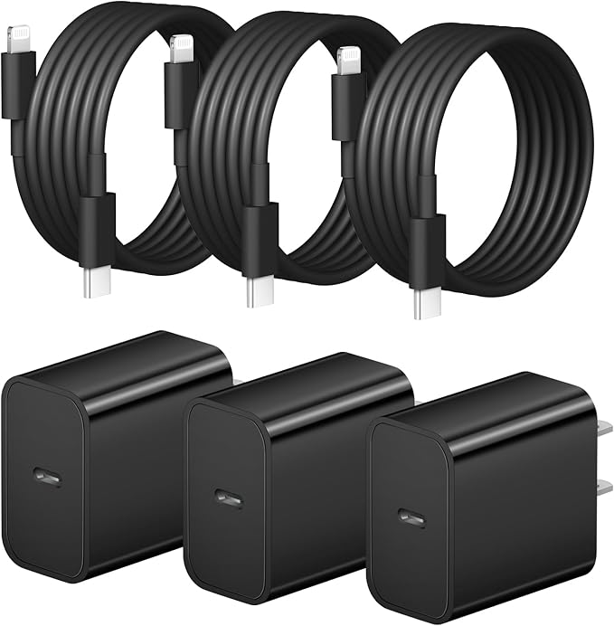 iPhone Fast Charger 3+3Pack 20W USB C Wall Charger with 6FT Fast Charging Cable Compatible with iPhone 14/13/12/11/Pro/Pro Max-Black