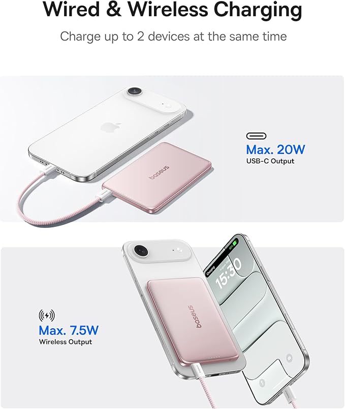 Baseus 0.3" Ultra Slim 5000mAh MagSafe Portable Charger Bundle with 10,000mAh 30W Magnetic Portable Charger Built-in Braided USB-C Cable for iPhone 17 Pro Max/Air/16/15/14/13, AirPods, iPad