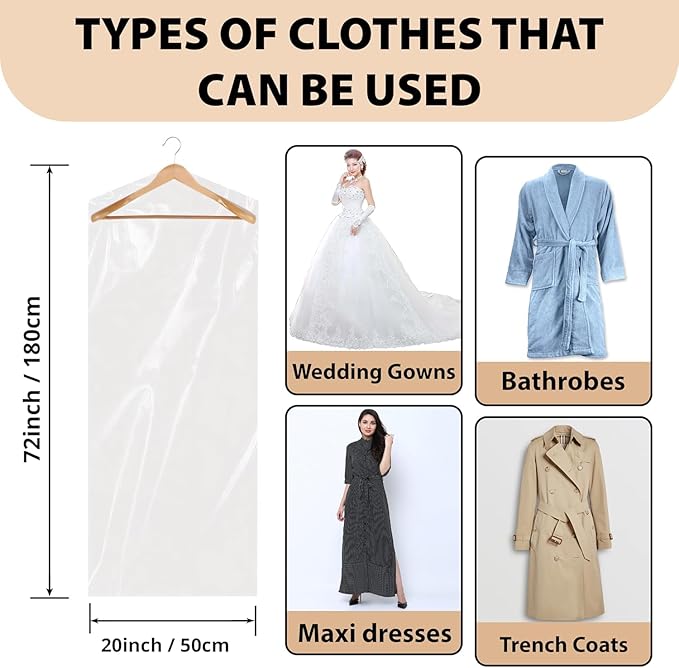 PARTY BARGAINS 72 x 20 Inch Disposable Clear Garment Bags, 100 Pack – Heavy-Duty Plastic Clothes Covers for Suits Dresses Coats, Closet & Travel