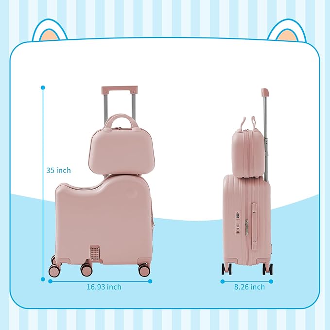 TABU Ride-on Luggage with Portable Bag for Kids，Hardshell Carry On Suitcase with Hidden Cup Holder, Foldable Pedal,Type-C & USB Interface, TSA Lock, 6-Spinner Wheels, Pink