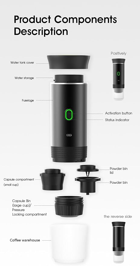 Wireless Portable Electric Coffee Maker with USB-C, Self-Heating, Rechargeable Espresso Coffee Machine for Travel, Camping, RV,Home,Office (black)